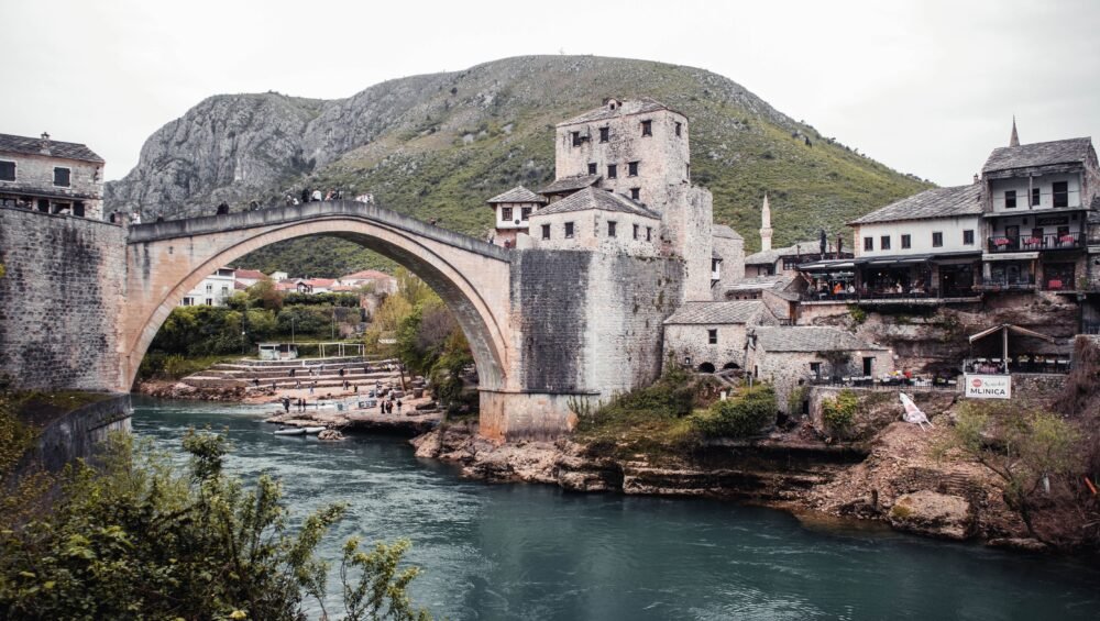 The historic Stari Most bridge in Mostar, Bosnia and Herzegovina, over the Neretva River
