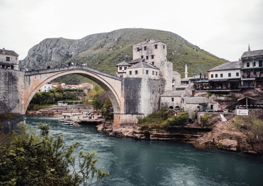The historic Stari Most bridge in Mostar, Bosnia and Herzegovina, over the Neretva River